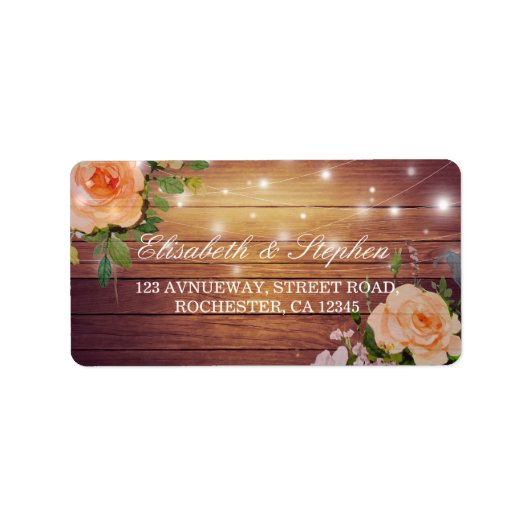 Rustic Wood Floral String Lights Wedding Address Etiket (Voorkant)