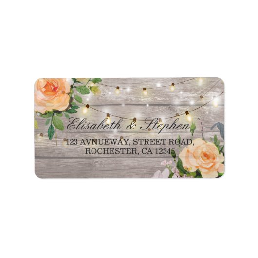 Rustic Wood Floral String Lights Wedding Address Etiket (Voorkant)