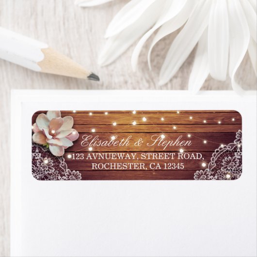 Rustic Wood Floral String Lights Wedding Address Etiket (Insitu)