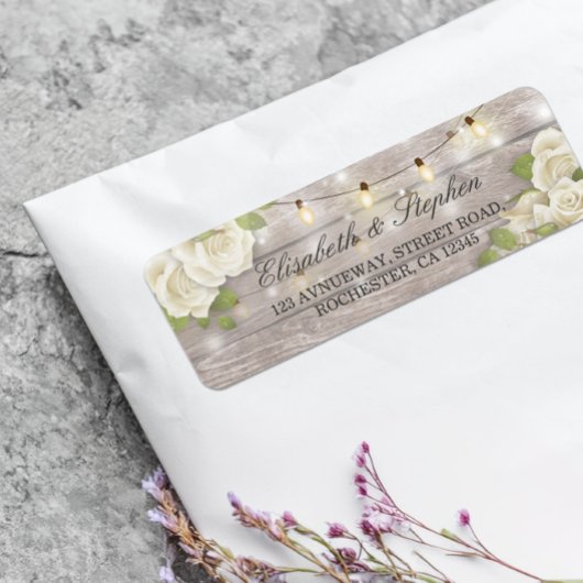 Rustic Wood Floral String Lights Wedding Address Etiket