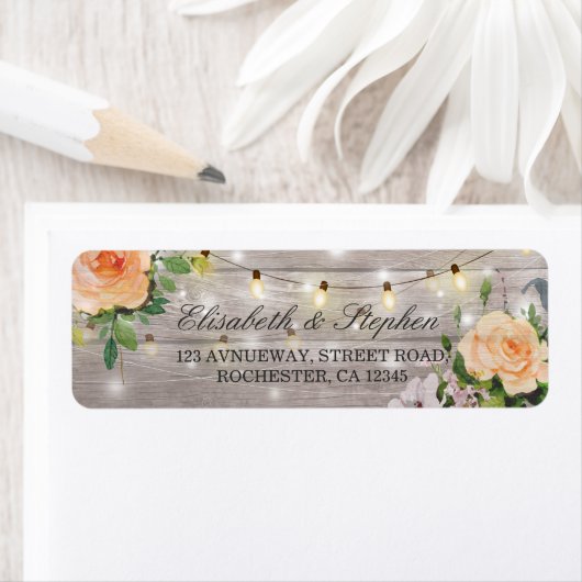 Rustic Wood Floral String Lights Wedding Address Etiket (Insitu)
