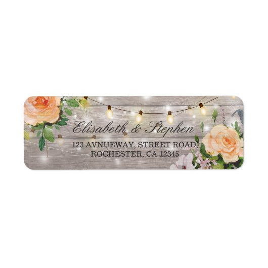 Rustic Wood Floral String Lights Wedding Address Etiket (Voorkant)