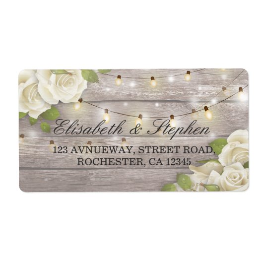 Rustic Wood Floral String Lights Wedding Address Etiket (Voorkant)
