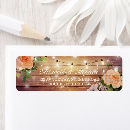 Rustic Wood Floral String Lights Wedding Address Etiket (Insitu)