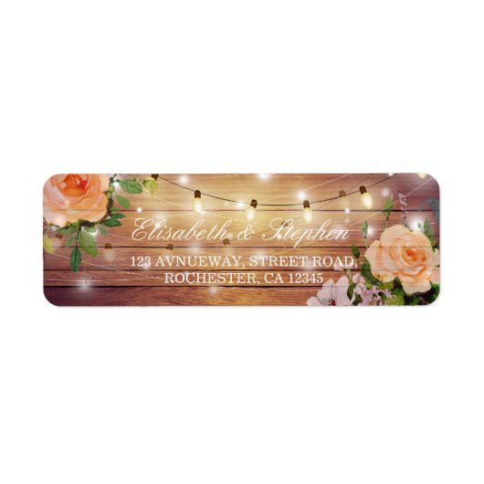 Rustic Wood Floral String Lights Wedding Address Etiket (Voorkant)