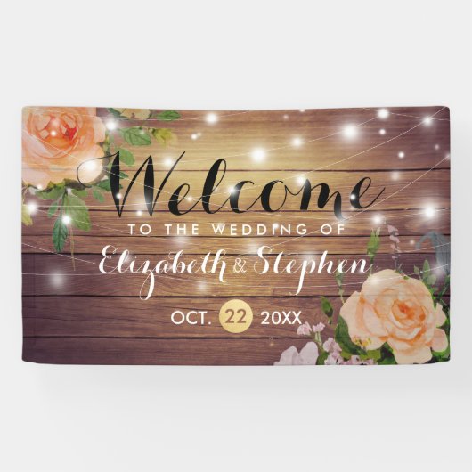 Rustic Wood Floral String Lights Wedding Banner (Horizontaal)