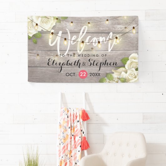 Rustic Wood Floral String Lights Wedding Banner (Insitu)