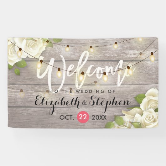 Rustic Wood Floral String Lights Wedding Banner (Horizontaal)