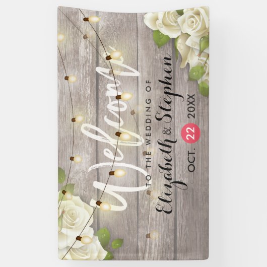 Rustic Wood Floral String Lights Wedding Banner (Verticaal)