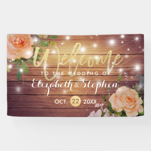 Rustic Wood Floral String Lights Wedding Banner (Horizontaal)