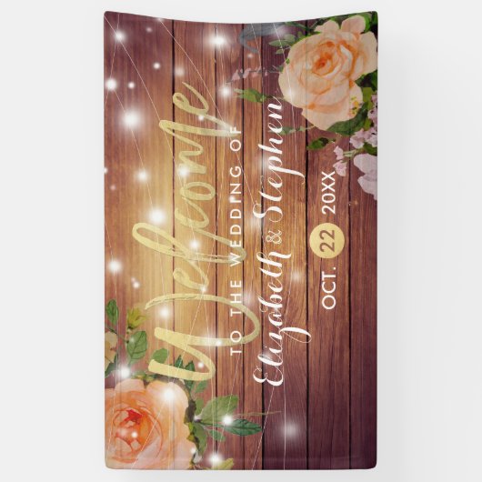 Rustic Wood Floral String Lights Wedding Banner (Verticaal)