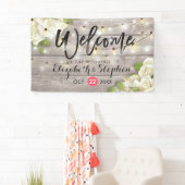 Rustic Wood Floral String Lights Wedding Banner (Insitu)