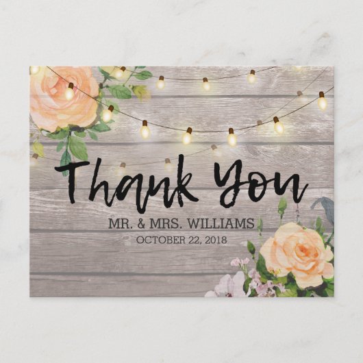 Rustic Wood Floral String Lights Wedding Dank u Briefkaart (Voorkant)