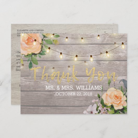 Rustic Wood Floral String Lights Wedding Dank u Briefkaart (Voorkant / Achterkant)