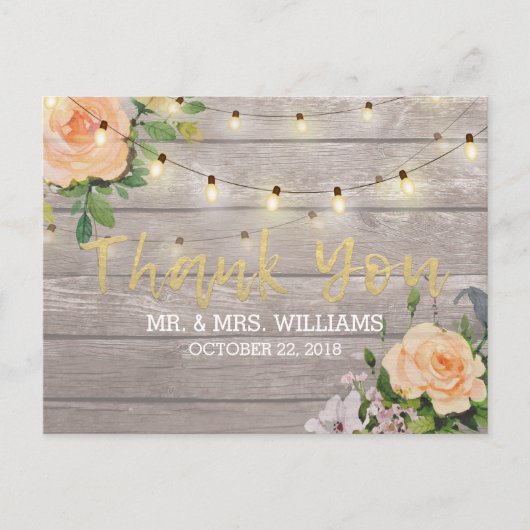 Rustic Wood Floral String Lights Wedding Dank u Briefkaart (Voorkant)