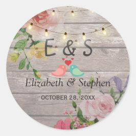 Rustic Wood Floral String Lights Wedding Favor Ronde Sticker