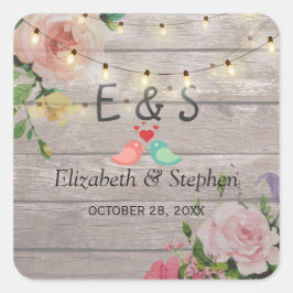Rustic Wood Floral String Lights Wedding Favor Vierkante Sticker