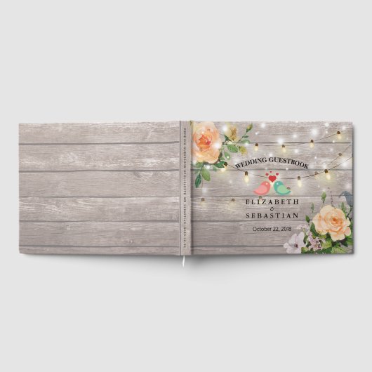 Rustic Wood Floral String Lights Wedding Guestbook Gastenboek (Volledig)