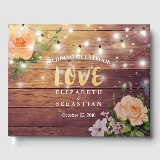 Rustic Wood Floral String Lights Wedding Guestbook Gastenboek (Voorkant)