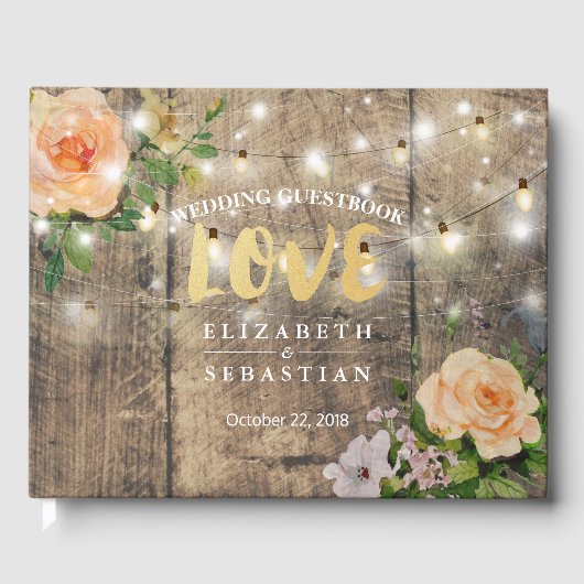 Rustic Wood Floral String Lights Wedding Guestbook Gastenboek (Voorkant)