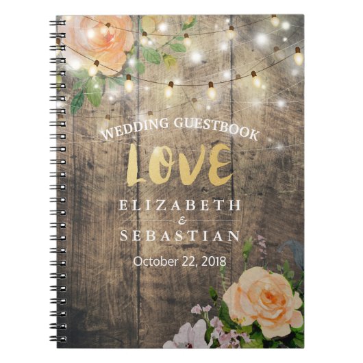 Rustic Wood Floral String Lights Wedding Guestbook Notitieboek (Voorkant)