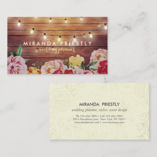 Rustic Wood Floral String Lights Wedding Planner Visitekaartje (Voorkant / Achterkant)