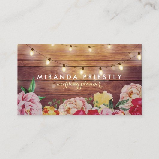 Rustic Wood Floral String Lights Wedding Planner Visitekaartje (Voorkant)