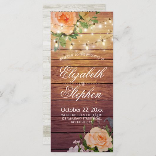 Rustic Wood Floral String Lights Wedding Programme Programmakaart (Voorkant / Achterkant)