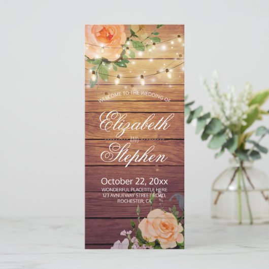 Rustic Wood Floral String Lights Wedding Programme Programmakaart (Staand voorkant)