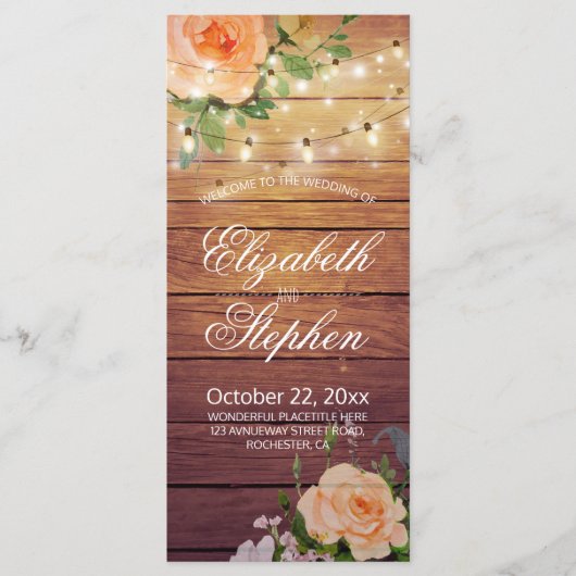 Rustic Wood Floral String Lights Wedding Programme Programmakaart (Voorkant)