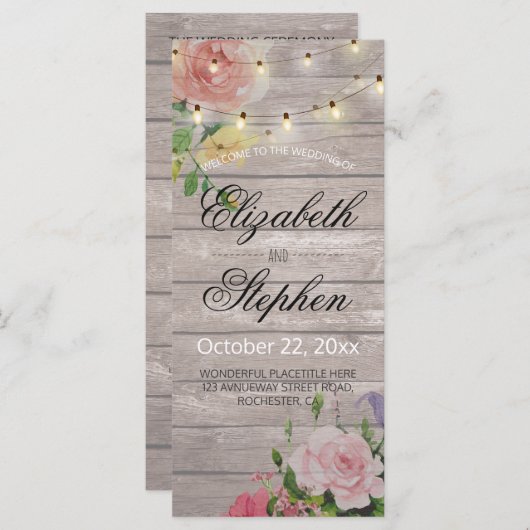 Rustic Wood Floral String Lights Wedding Programme Programmakaart (Voorkant / Achterkant)