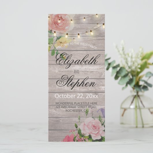 Rustic Wood Floral String Lights Wedding Programme Programmakaart (Staand voorkant)