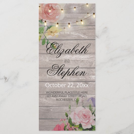 Rustic Wood Floral String Lights Wedding Programme Programmakaart (Voorkant)