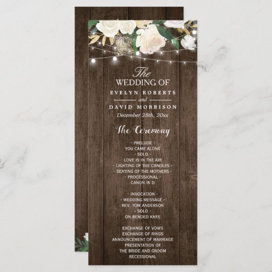Rustic Wood Floral String Lights Wedding Programme Programmakaart (Voorkant / Achterkant)
