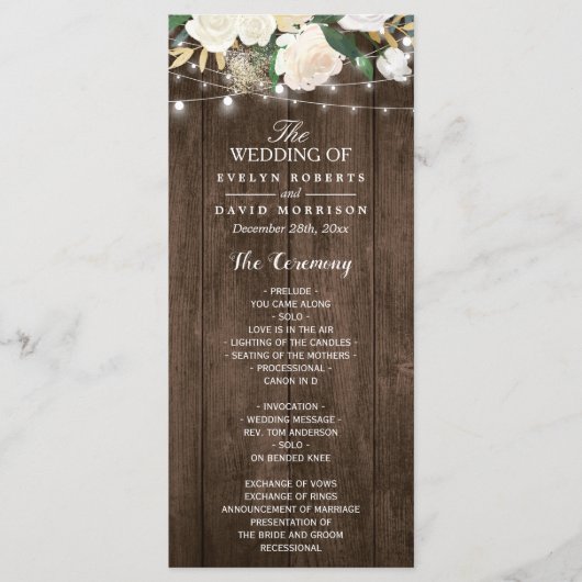 Rustic Wood Floral String Lights Wedding Programme Programmakaart (Voorkant)