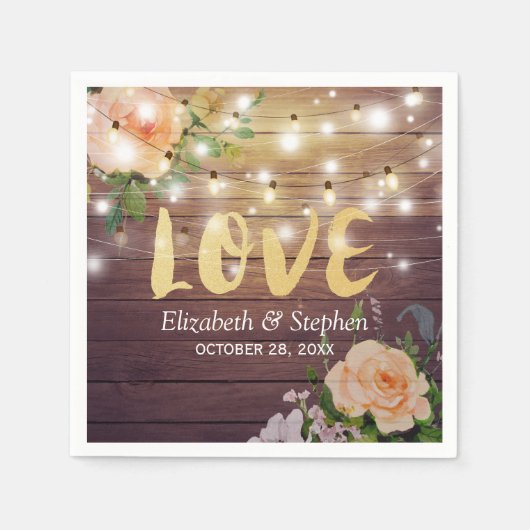 Rustic Wood Floral String Lights Wedding Shower Servet (Voorkant)