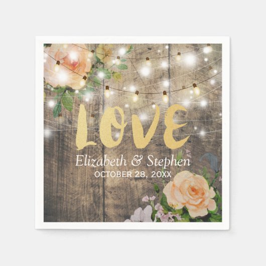 Rustic Wood Floral String Lights Wedding Shower Servet (Voorkant)