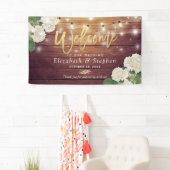 Rustic Wood Floral String Lights Wedding Welcome Spandoek (Insitu)