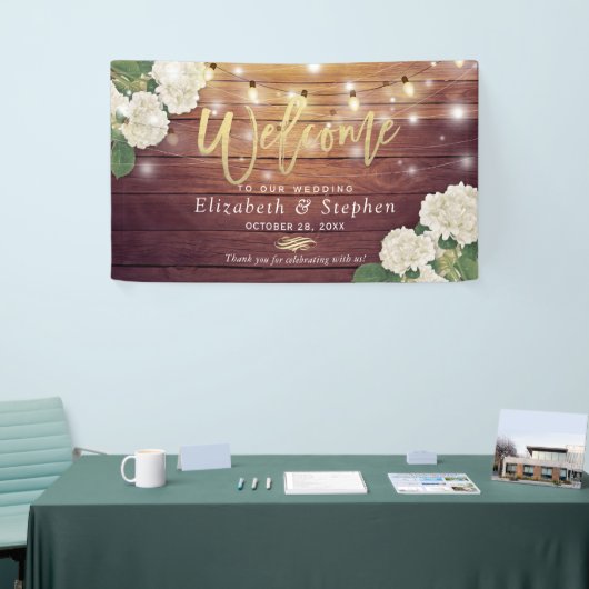 Rustic Wood Floral String Lights Wedding Welcome Spandoek (Beurs)