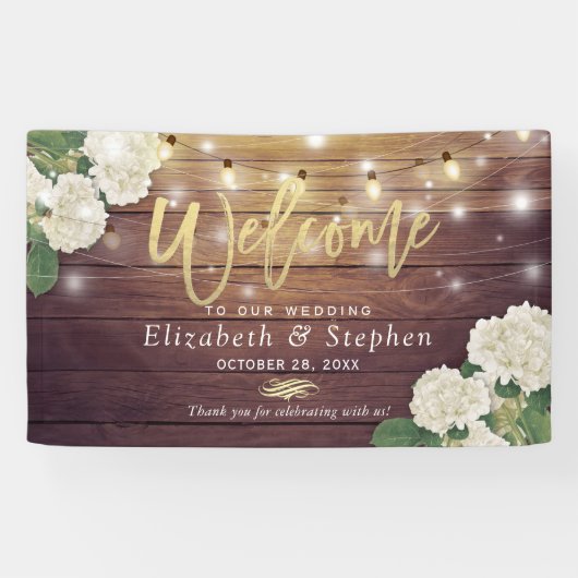 Rustic Wood Floral String Lights Wedding Welcome Spandoek (Horizontaal)
