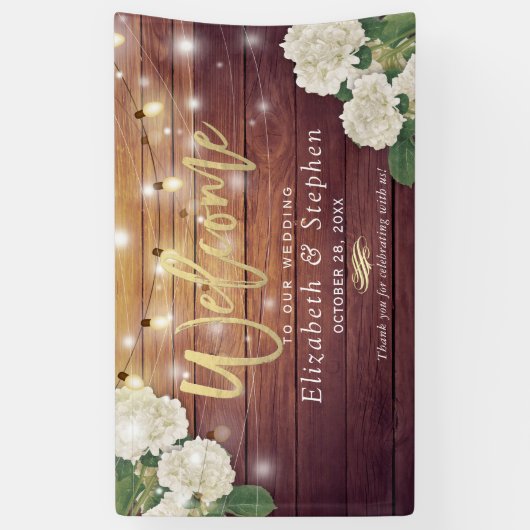 Rustic Wood Floral String Lights Wedding Welcome Spandoek (Verticaal)