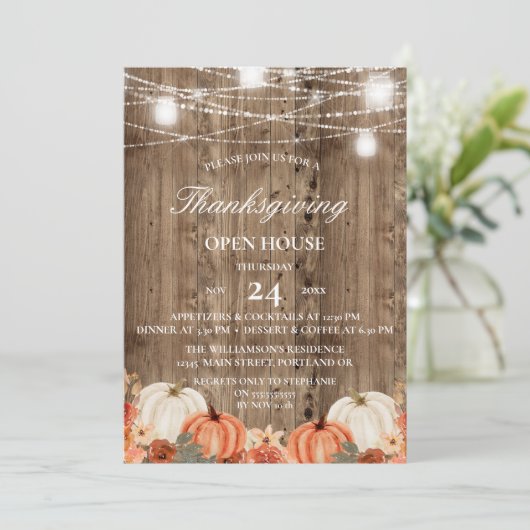 Rustic Wood & Floral Thanksgiving Open House Kaart (Staand voorkant)