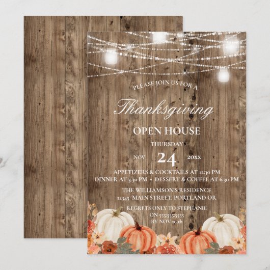 Rustic Wood & Floral Thanksgiving Open House Kaart (Voorkant / Achterkant)