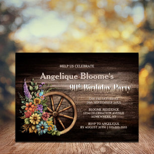 Rustic Wood Floral Wagon Wheel 90th Birthday Kaart