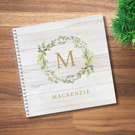 Rustic Wood Floral Watercolor Monogram Notitieboek
