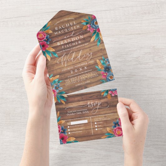 Rustic Wood Floral Waterverf Wedding All In One Uitnodiging (Afscheurbaar)