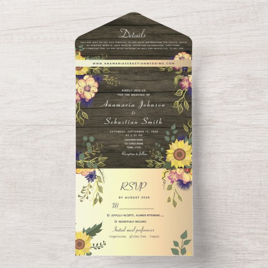 Rustic Wood Floral Wedding All In One Uitnodiging (Binnen)