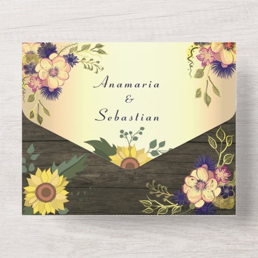 Rustic Wood Floral Wedding All In One Uitnodiging (Achterkant)