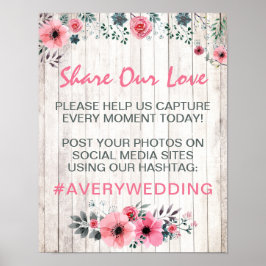 Rustic Wood Floral Wedding Hashtag Fotobord Poster