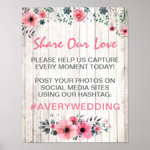 Rustic Wood Floral Wedding Hashtag Fotobord Poster